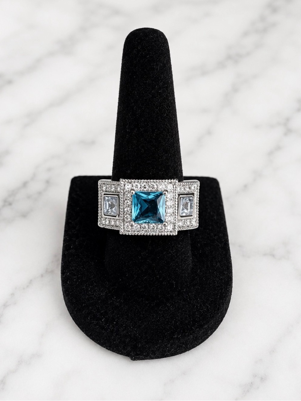 Silver Tone Fashion Ring with Blue Square Stone and Clear Accents size 7.5